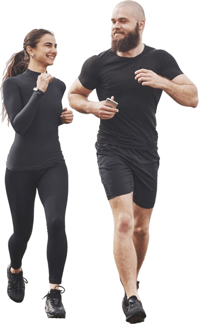 couple jogging running outdoors park near water young bearded man woman exercising together morning (1)